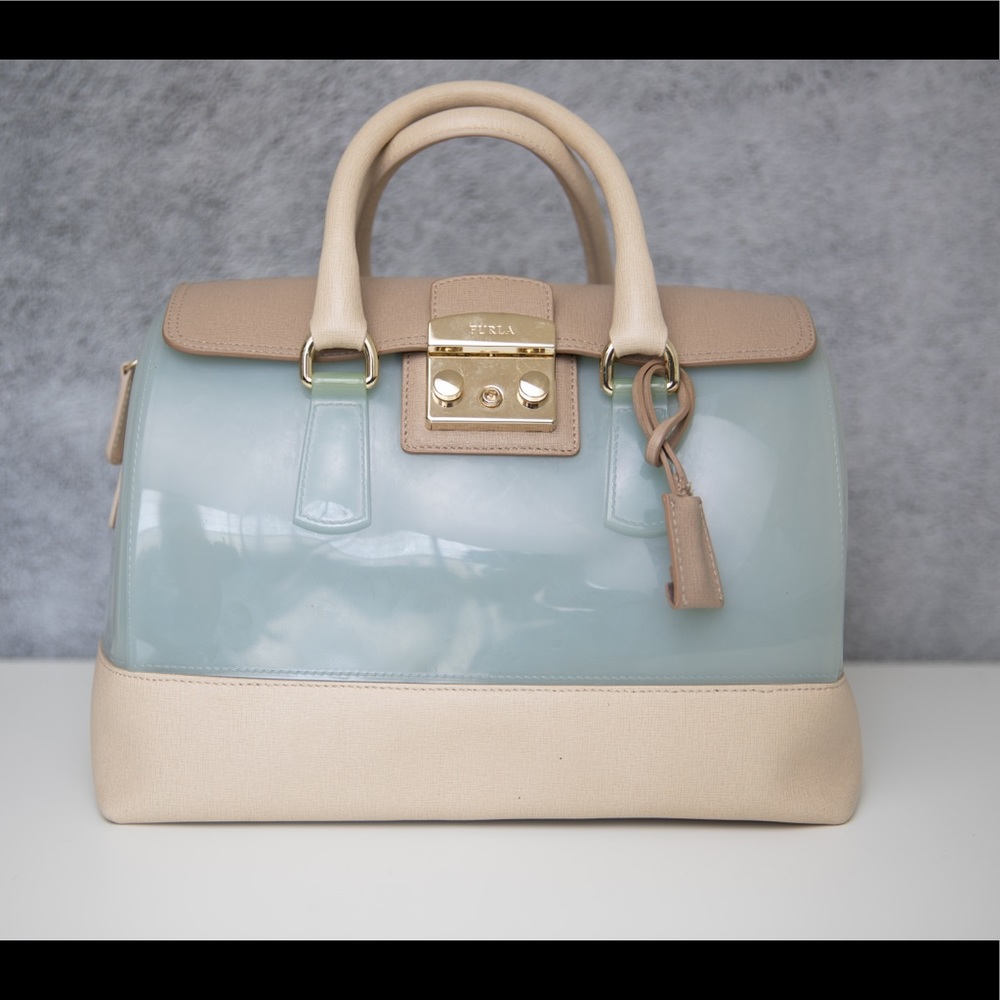 Furla mint green/beige glossy rubber and leather push lock candy satchel